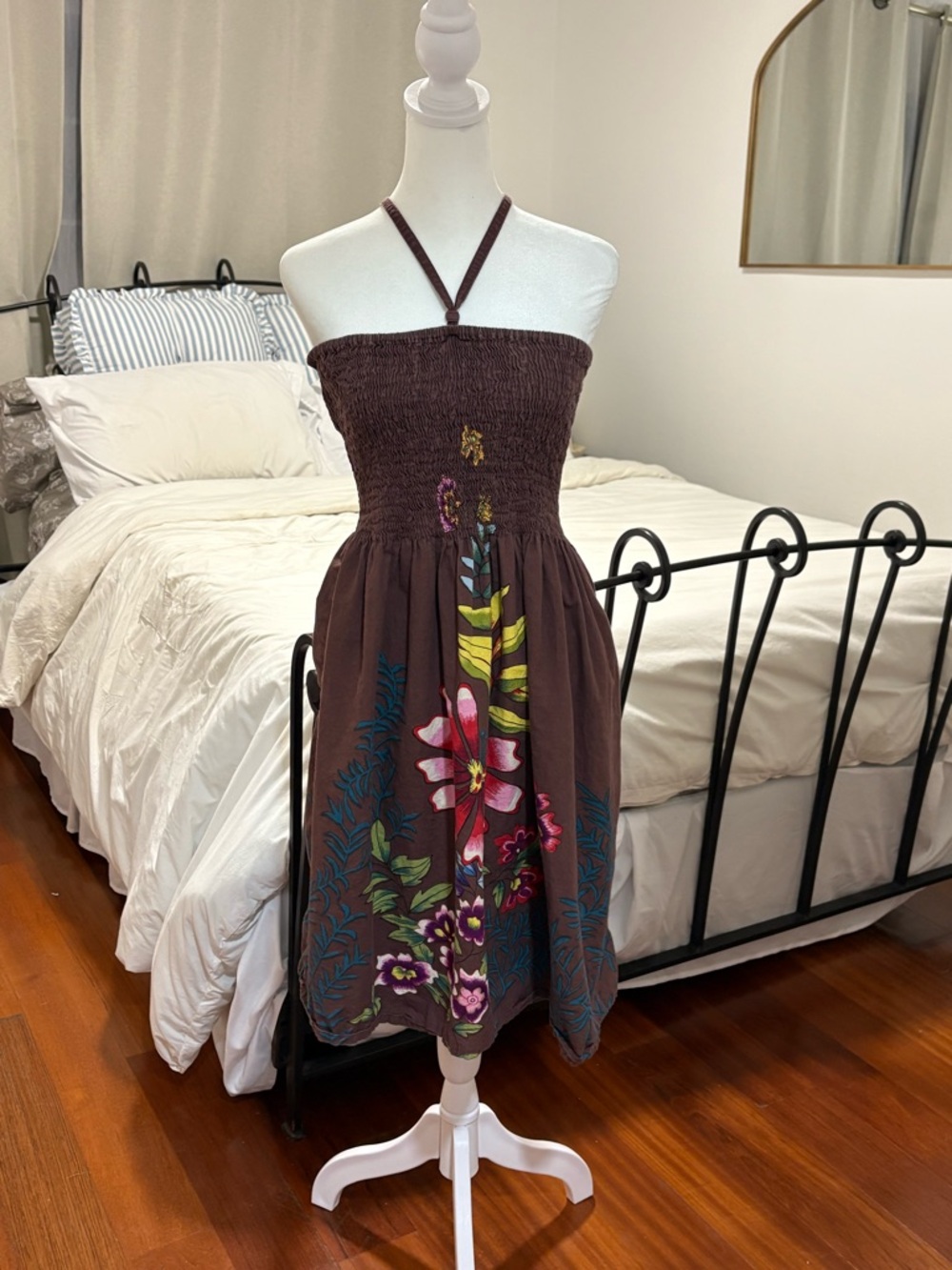 Smocked Halter Floral Midi Dress in Brown